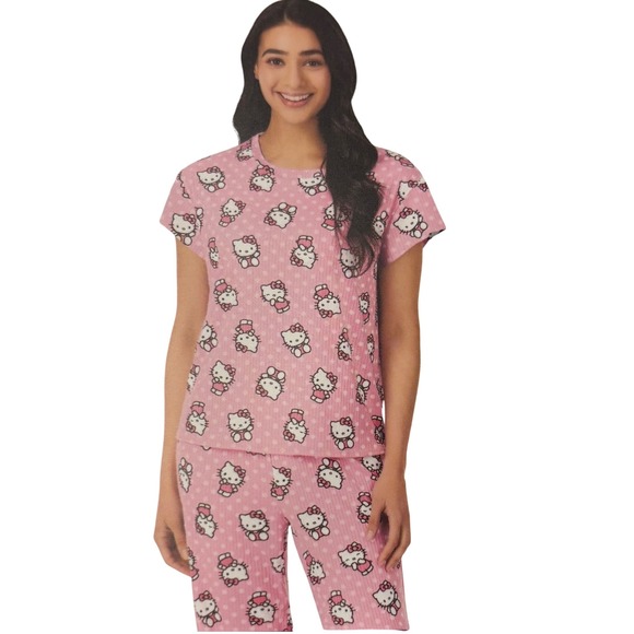 Hello Kitty Other - NWT Hello‎ Kitty Pajama Set Women XS Pink Short Sleeve Jogger Ribbed Sanrio NEW